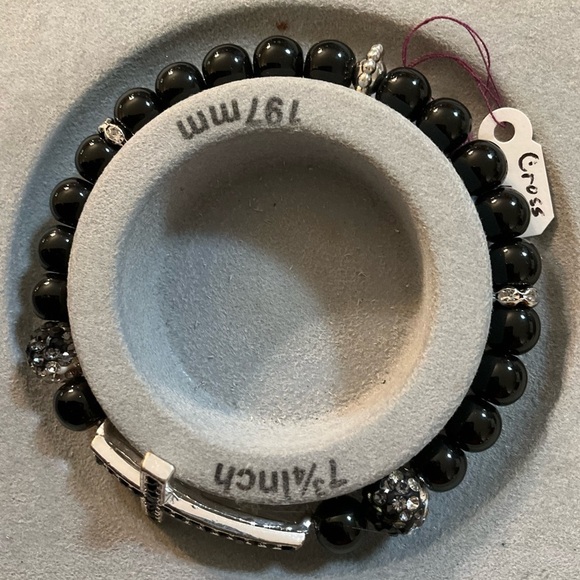 Hand Crafted Bracelet Black with Rhinestone Cross Pave Beads Stretch Unisex - Picture 7 of 7